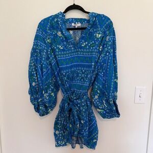 Olivaceous Poolside Mini Dress Blue Multi Floral Balloon Sleeve Size M NWT